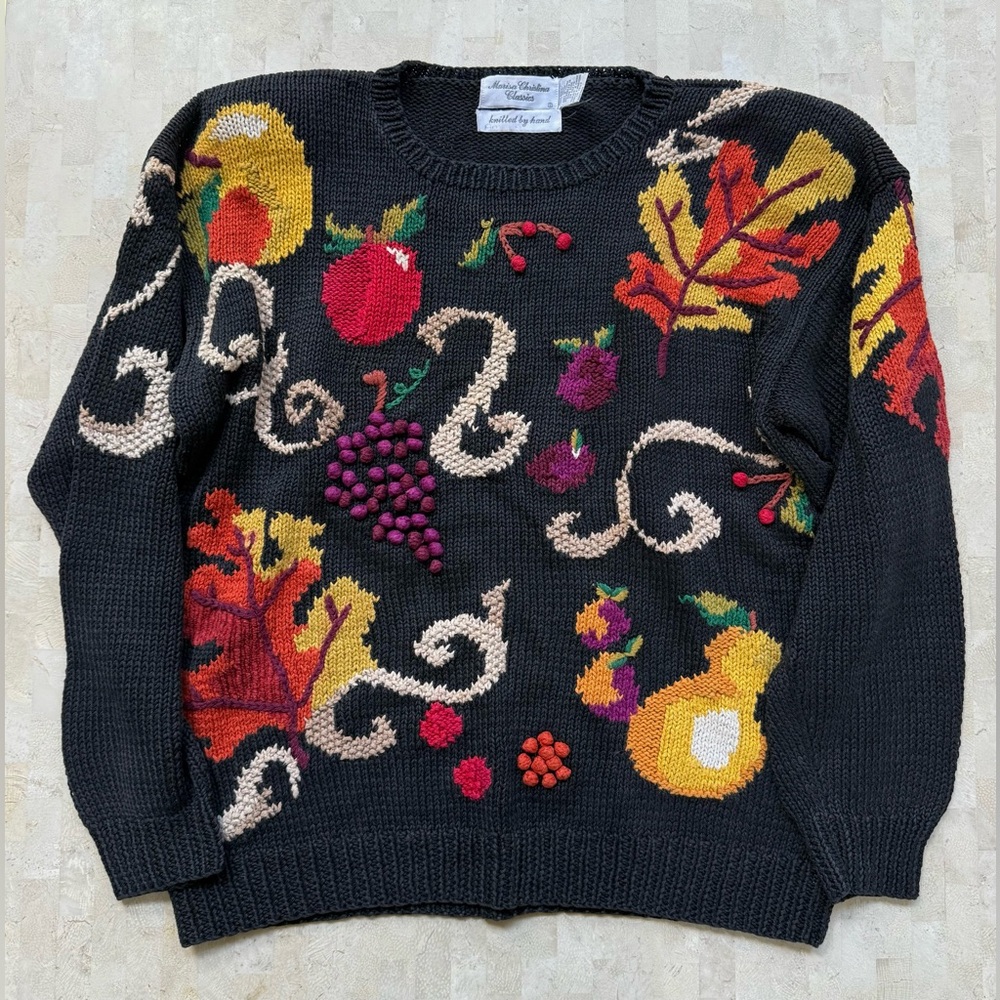 VINTAGE 80s Marisa Christina black fruit grapes cherries hand‎ knit sweater Sz L